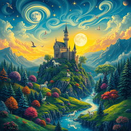 A vibrant fantasy landscape featuring a majestic castle perched on a high cliff surrounded by lush, enchanted forests