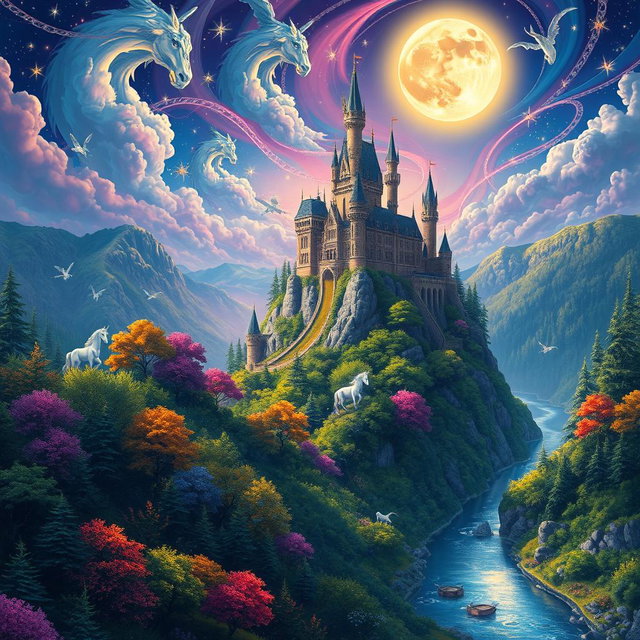 A vibrant fantasy landscape featuring a majestic castle perched on a high cliff surrounded by lush, enchanted forests