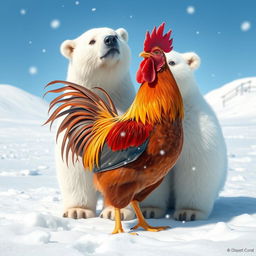 A whimsical and imaginative scene featuring a colorful rooster standing next to a fluffy polar bear in a snowy Arctic landscape