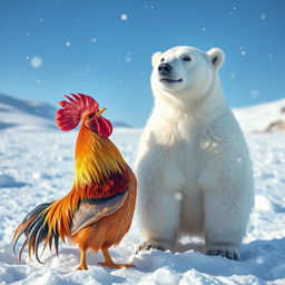 A whimsical and imaginative scene featuring a colorful rooster standing next to a fluffy polar bear in a snowy Arctic landscape