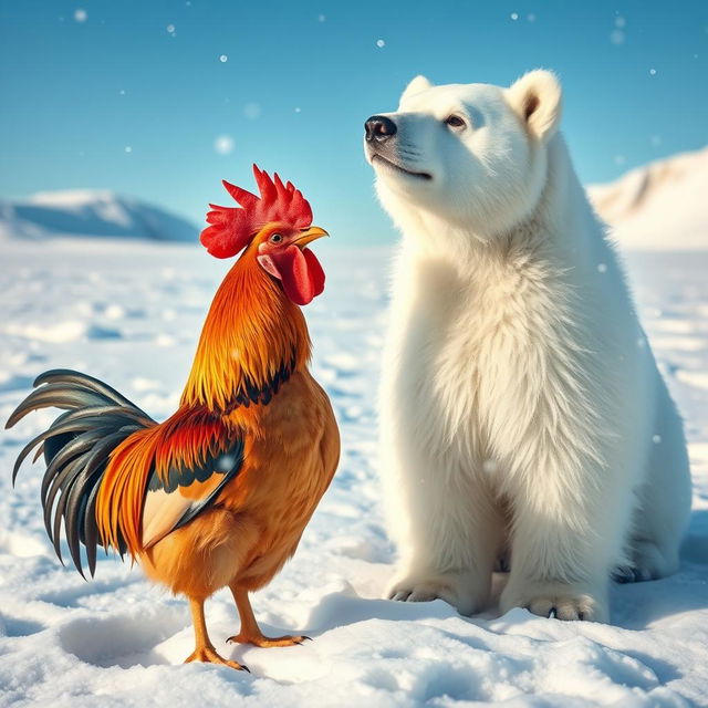 A whimsical and imaginative scene featuring a colorful rooster standing next to a fluffy polar bear in a snowy Arctic landscape