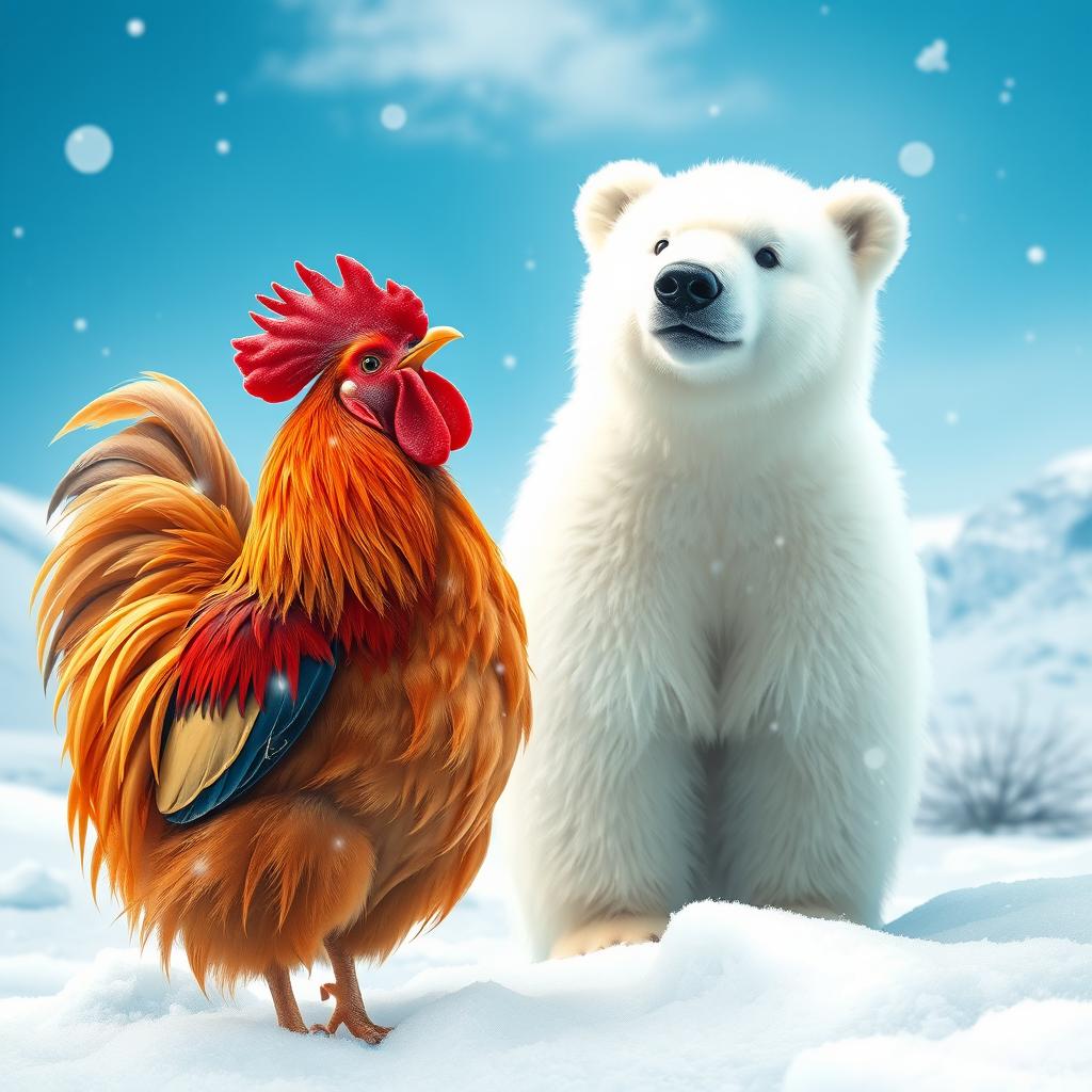 A whimsical and imaginative scene featuring a colorful rooster standing next to a fluffy polar bear in a snowy Arctic landscape