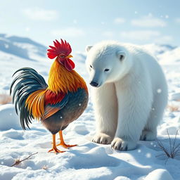 A whimsical and imaginative scene featuring a colorful rooster standing beside a fluffy polar bear amidst a snowy landscape