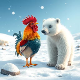 A whimsical and imaginative scene featuring a colorful rooster standing beside a fluffy polar bear amidst a snowy landscape