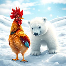 A whimsical and imaginative scene featuring a colorful rooster standing beside a fluffy polar bear amidst a snowy landscape