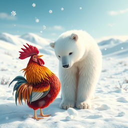 A whimsical and imaginative scene featuring a colorful rooster standing beside a fluffy polar bear amidst a snowy landscape