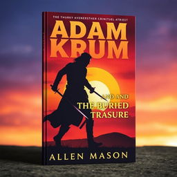 A striking book cover featuring the silhouette of a red-haired man holding a sword pointed to the ground, walking towards a hill at sunset