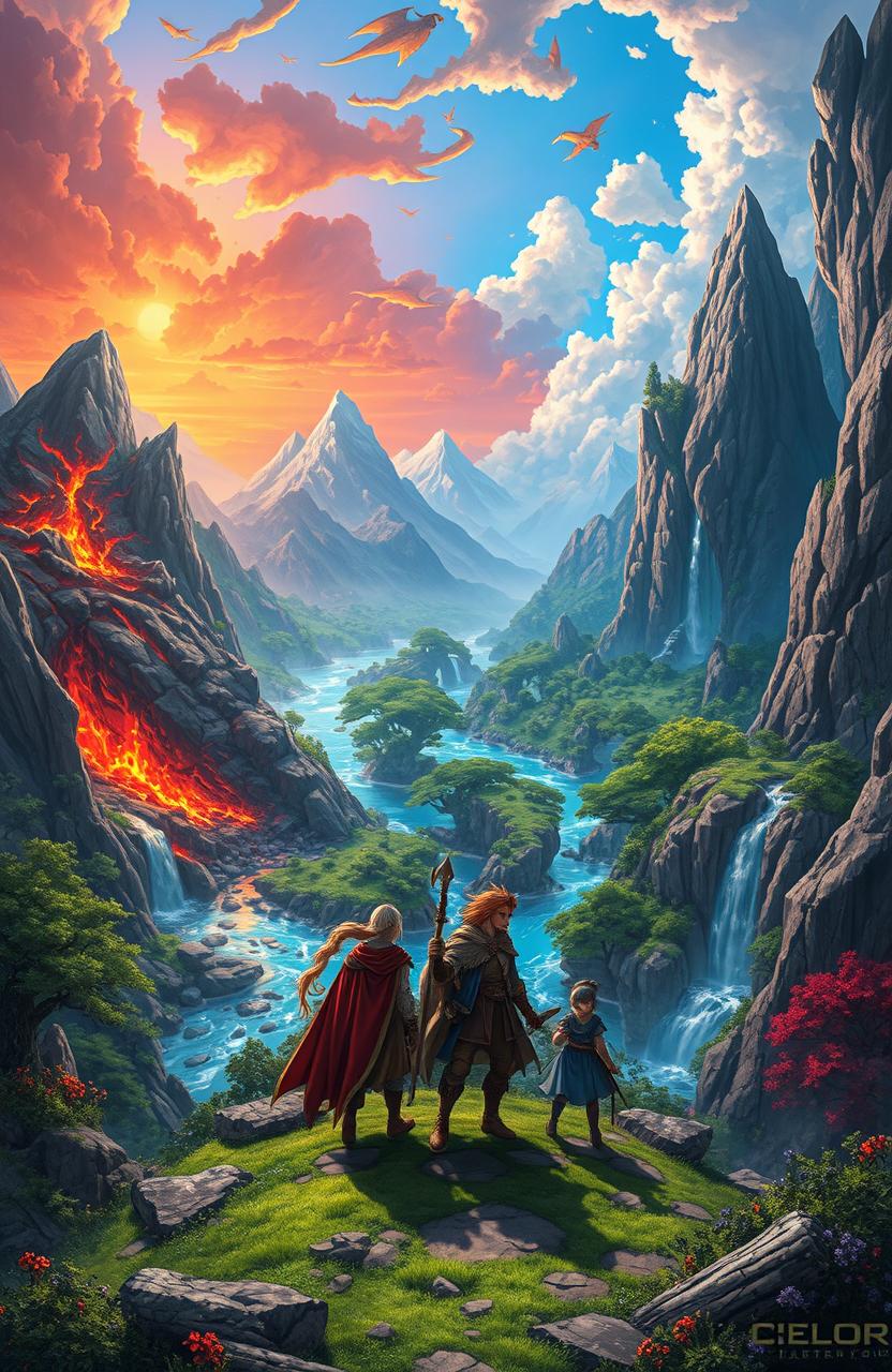 A breathtaking fantasy landscape set in the magical world of Cielor, featuring four distinct elemental zones: a fiery volcanic region with erupting lava, a serene water realm with flowing rivers and waterfalls, a lush green forest teeming with vibrant flora and fauna, and a rugged mountainous area filled with howling winds and crystal formations