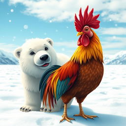 A whimsical and charming scene featuring a colorful rooster standing alongside a fluffy polar bear in a snowy Arctic landscape