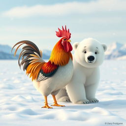 A whimsical and charming scene featuring a colorful rooster standing alongside a fluffy polar bear in a snowy Arctic landscape