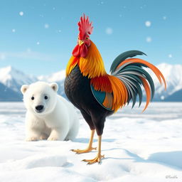 A whimsical and charming scene featuring a colorful rooster standing alongside a fluffy polar bear in a snowy Arctic landscape