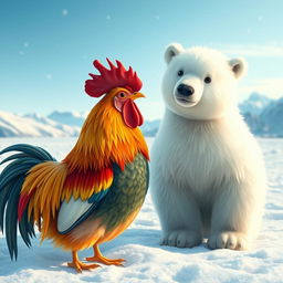 A whimsical and charming scene featuring a colorful rooster standing alongside a fluffy polar bear in a snowy Arctic landscape