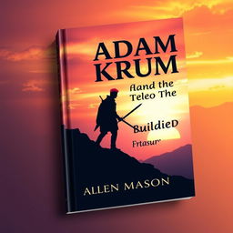 A captivating book cover design featuring the silhouette of a red-haired man towering over a hill, holding a sword that is pointed downwards
