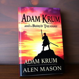 A captivating book cover design featuring the silhouette of a red-haired man towering over a hill, holding a sword that is pointed downwards
