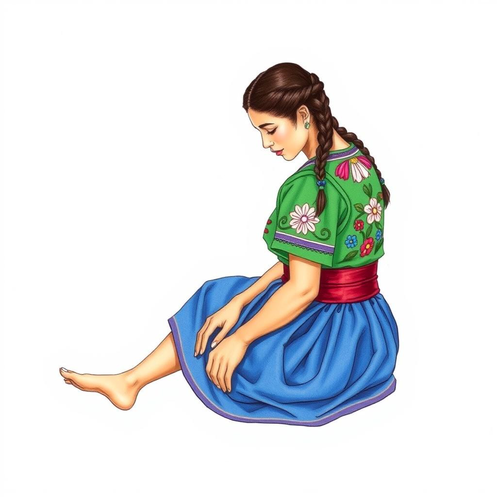 A drawing of an adult woman sitting on the floor, slightly looking down, viewed from a three-quarter angle