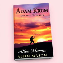 A captivating book cover design featuring the silhouette of a man holding a sword pointed to the ground, walking purposefully towards a hill during a stunning sunset