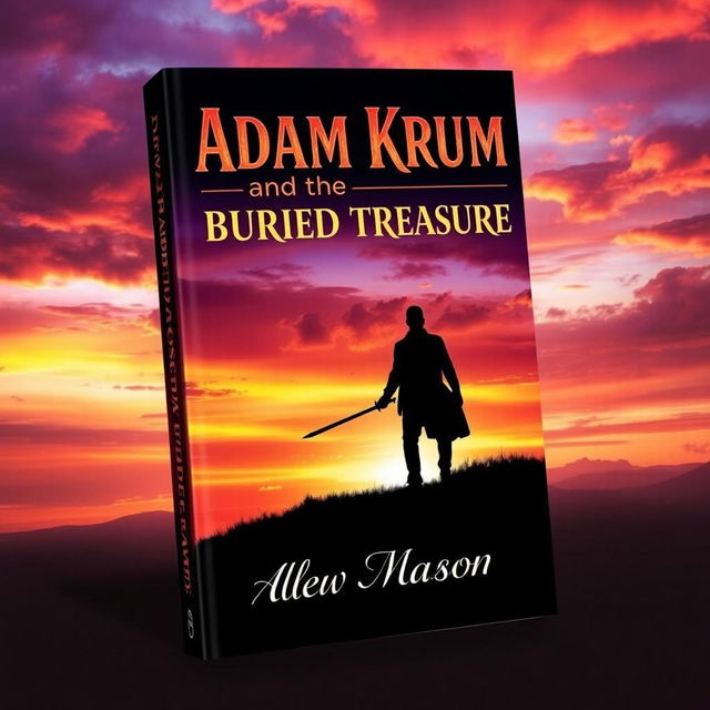 A captivating book cover design featuring the silhouette of a man holding a sword pointed to the ground, walking purposefully towards a hill during a stunning sunset