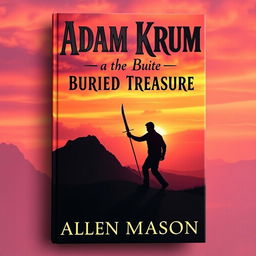 A captivating book cover design featuring the silhouette of a man holding a sword pointed to the ground, walking purposefully towards a hill during a stunning sunset