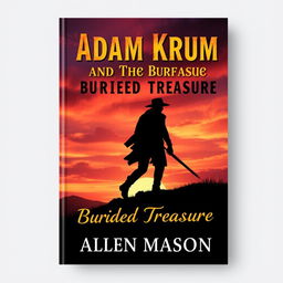 A captivating book cover design featuring the silhouette of a man holding a sword pointed to the ground, walking purposefully towards a hill during a stunning sunset