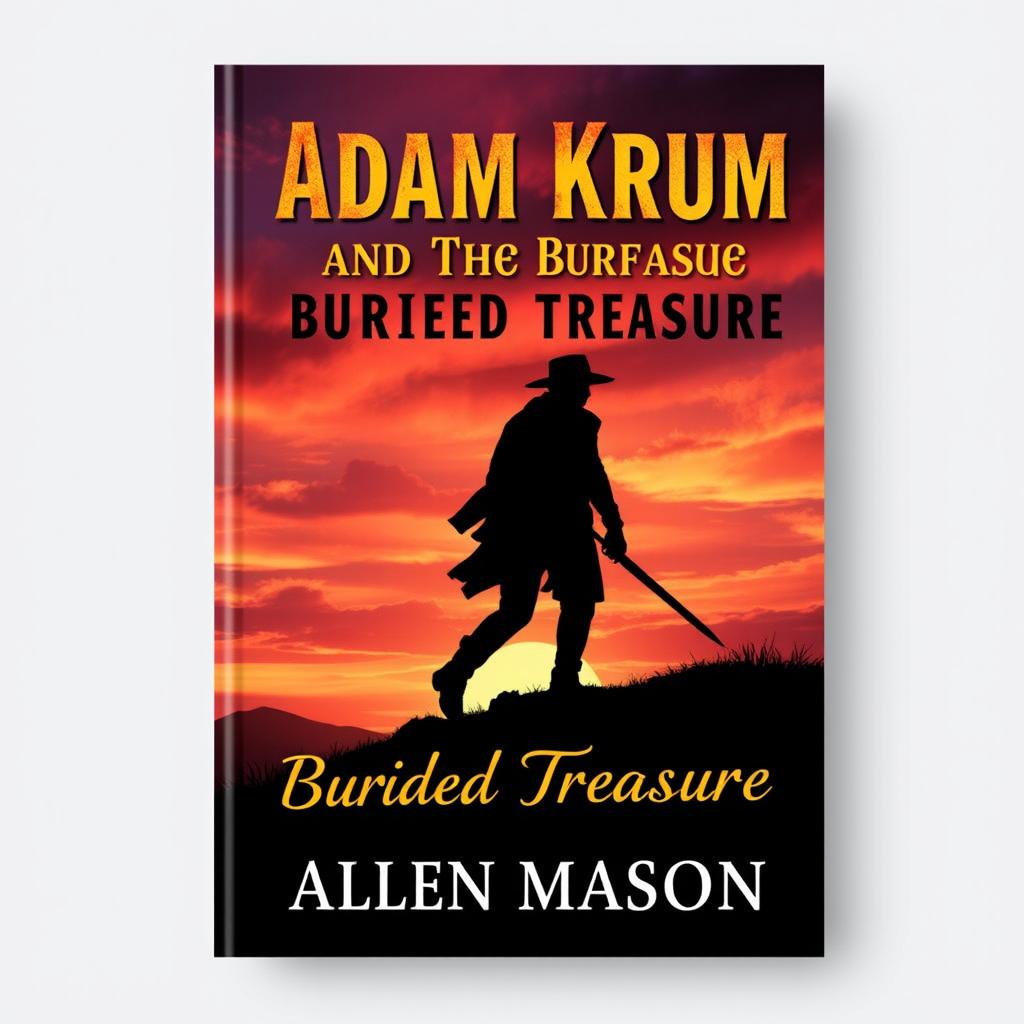 A captivating book cover design featuring the silhouette of a man holding a sword pointed to the ground, walking purposefully towards a hill during a stunning sunset