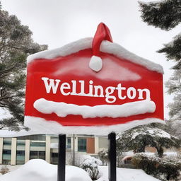 Wellington city sign covered in snow, with a large festive Santa hat on top.