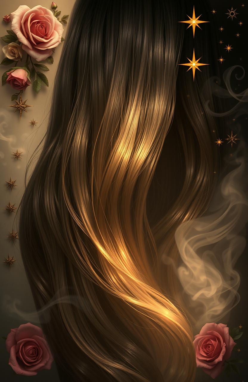 A visually striking interpretation of Charles Baudelaire's poem about a woman's hair, showcasing long, flowing hair shimmering in various shades of deep black and golden blonde