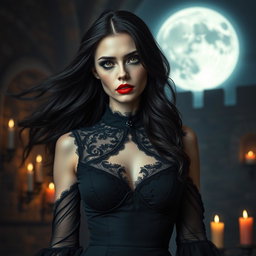 A mesmerizing vampire woman with flowing dark hair, pale skin, and striking red lips