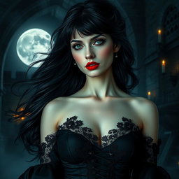 A mesmerizing vampire woman with flowing dark hair, pale skin, and striking red lips