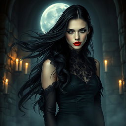 A mesmerizing vampire woman with flowing dark hair, pale skin, and striking red lips
