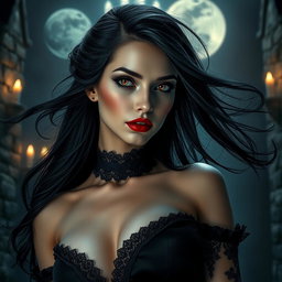 A mesmerizing vampire woman with flowing dark hair, pale skin, and striking red lips