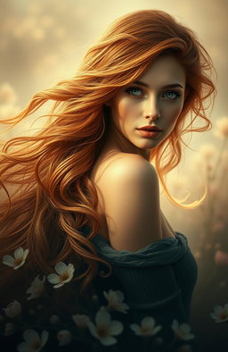 A luxurious, enchanting woman with flowing hair, inspired by the sensuality and imagery found in Charles Baudelaire's poetry
