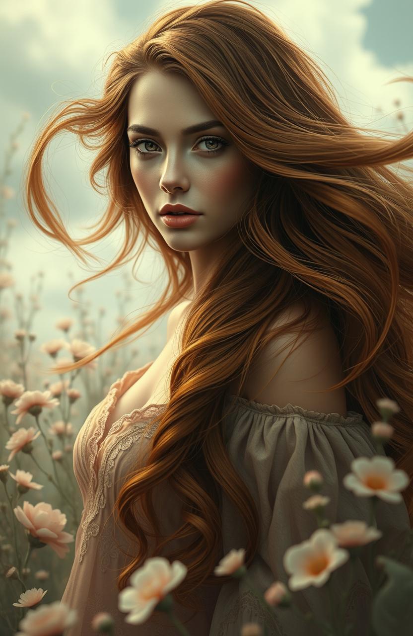 A luxurious, enchanting woman with flowing hair, inspired by the sensuality and imagery found in Charles Baudelaire's poetry