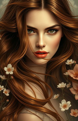 A luxurious, enchanting woman with flowing hair, inspired by the sensuality and imagery found in Charles Baudelaire's poetry