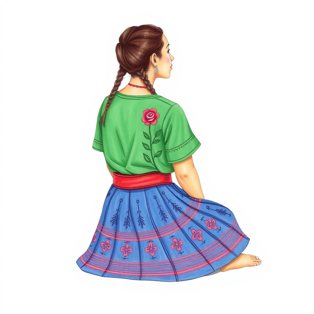 A drawing of an adult woman sitting on the floor, gazing into the horizon, viewed from a three-quarter back angle