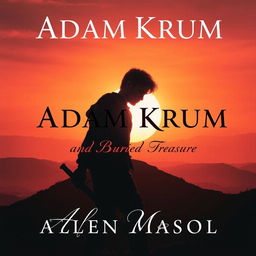 An atmospheric image depicting the silhouette of a red-haired young man, gripping a sword pointed downwards, as he strides toward a hill at sunset