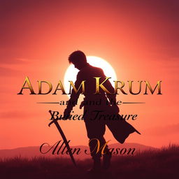 An atmospheric image depicting the silhouette of a red-haired young man, gripping a sword pointed downwards, as he strides toward a hill at sunset