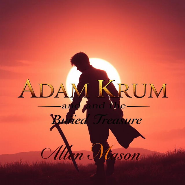 An atmospheric image depicting the silhouette of a red-haired young man, gripping a sword pointed downwards, as he strides toward a hill at sunset