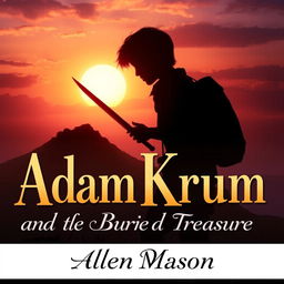 An atmospheric image depicting the silhouette of a red-haired young man, gripping a sword pointed downwards, as he strides toward a hill at sunset