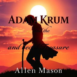 An atmospheric image depicting the silhouette of a red-haired young man, gripping a sword pointed downwards, as he strides toward a hill at sunset