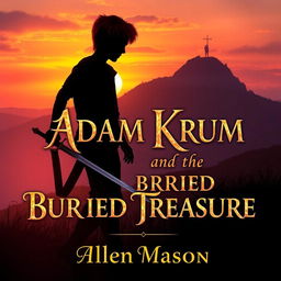 An enchanting image portraying the silhouette of a red-haired young man, holding a sword pointed downward, as he walks toward a hill at sunset