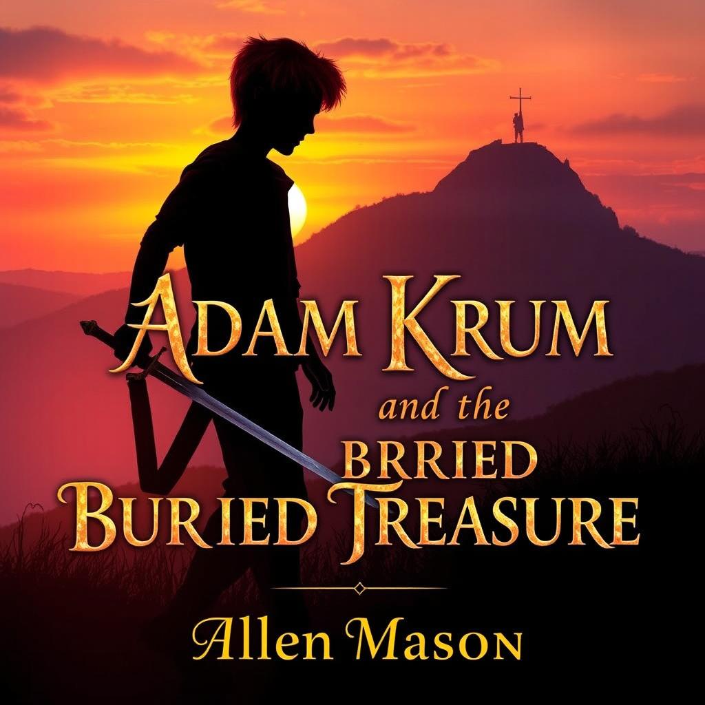 An enchanting image portraying the silhouette of a red-haired young man, holding a sword pointed downward, as he walks toward a hill at sunset