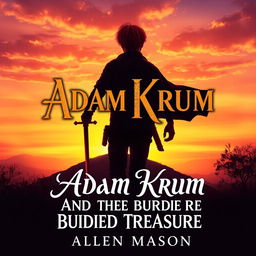 An enchanting image portraying the silhouette of a red-haired young man, holding a sword pointed downward, as he walks toward a hill at sunset