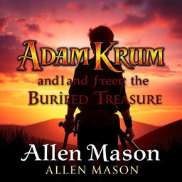 An enchanting image portraying the silhouette of a red-haired young man, holding a sword pointed downward, as he walks toward a hill at sunset