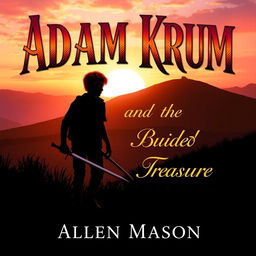 An enchanting image portraying the silhouette of a red-haired young man, holding a sword pointed downward, as he walks toward a hill at sunset