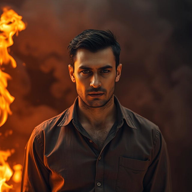 A man standing in a dramatic scene of a fire, completely poker-faced, with flames and smoke surrounding him