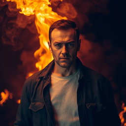 A man standing in a dramatic scene of a fire, completely poker-faced, with flames and smoke surrounding him