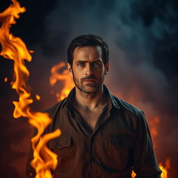 A man standing in a dramatic scene of a fire, completely poker-faced, with flames and smoke surrounding him