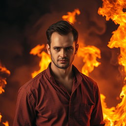 A man standing in a dramatic scene of a fire, completely poker-faced, with flames and smoke surrounding him