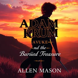 An enchanting image depicting the silhouette of a young man with curly red hair, holding a sword pointed downward, as he walks towards a hill at sunset