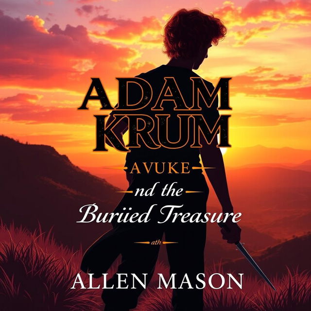 An enchanting image depicting the silhouette of a young man with curly red hair, holding a sword pointed downward, as he walks towards a hill at sunset